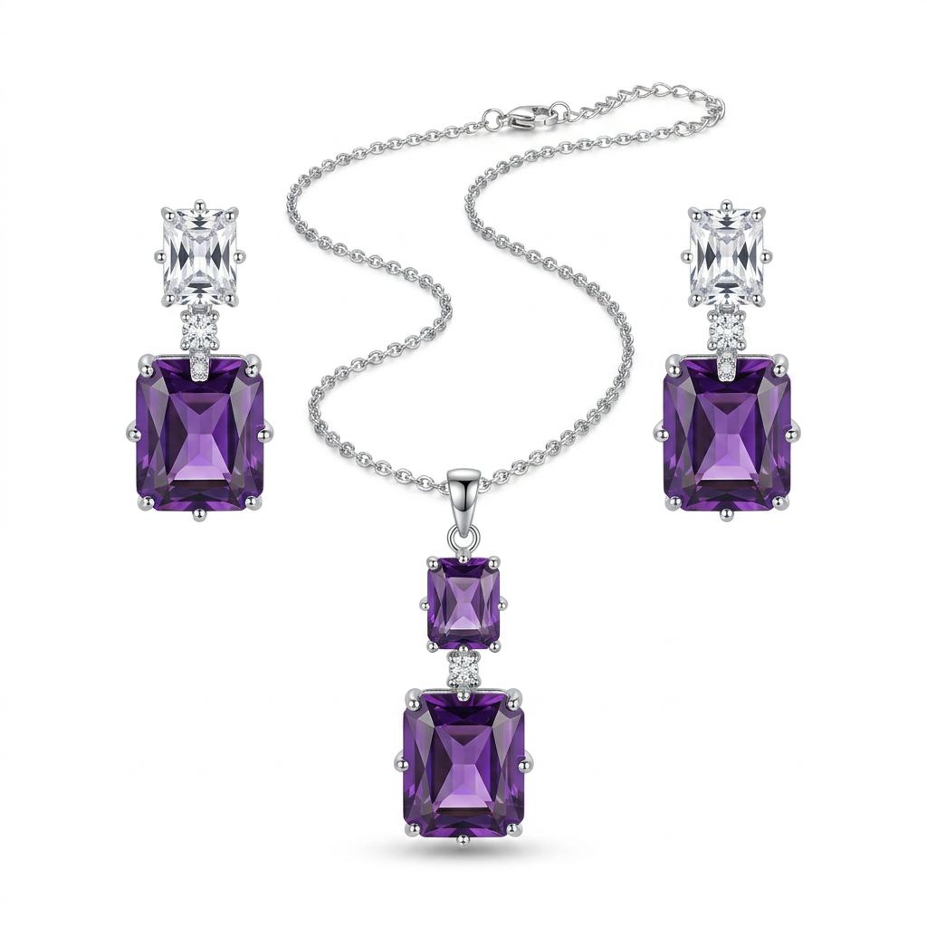 Emerald-Cut Amethyst Cascade Pendant & Earrings Set - white background