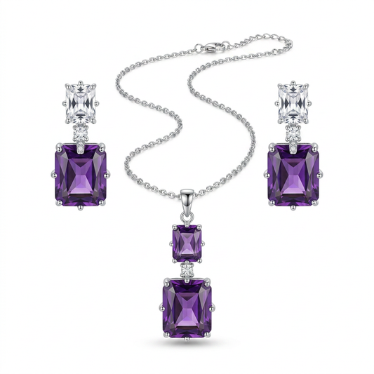 Emerald-Cut Amethyst Cascade Pendant & Earrings Set - white background