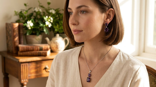 Emerald-Cut Amethyst Cascade Pendant & Earrings Set - model scene