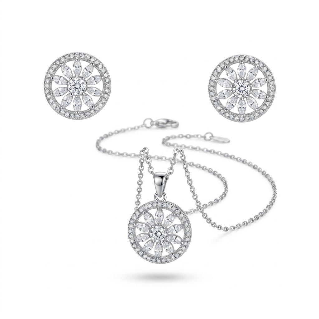 Floral Cubic Zirconia Pendant Necklace & Stud Earrings Set - white background