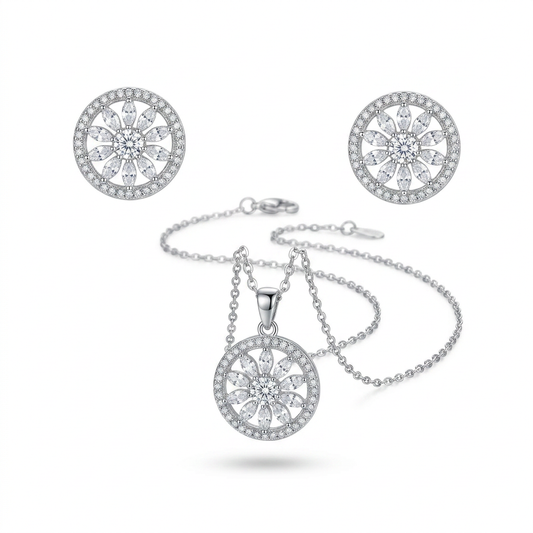 Floral Cubic Zirconia Pendant Necklace & Stud Earrings Set - white background
