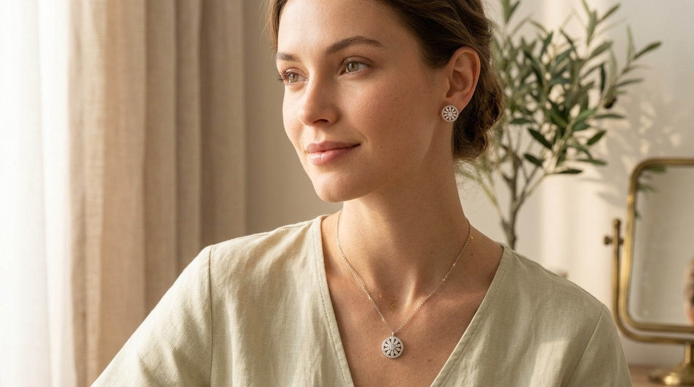 Floral Cubic Zirconia Pendant Necklace & Stud Earrings Set - model scene