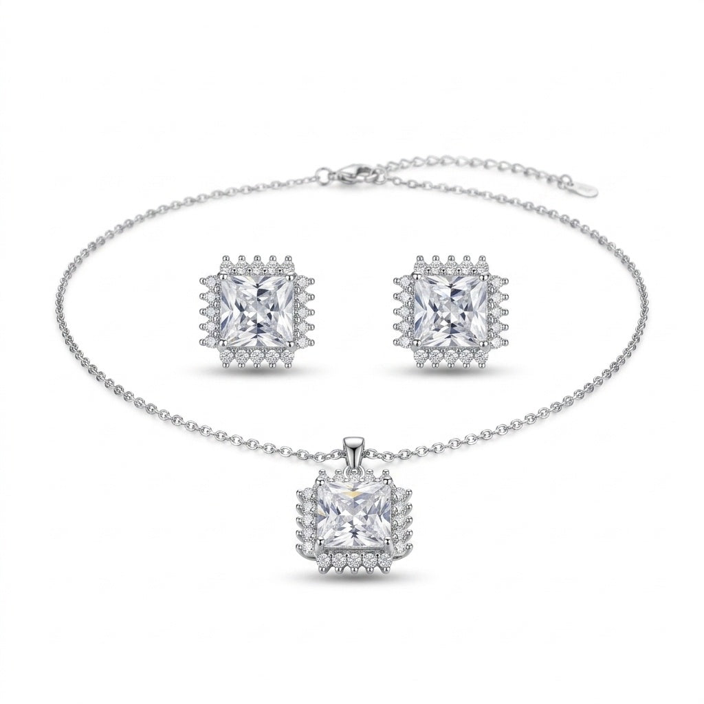 Square-Cut Cubic Zirconia Pendant Necklace & Stud Earrings Set - white background