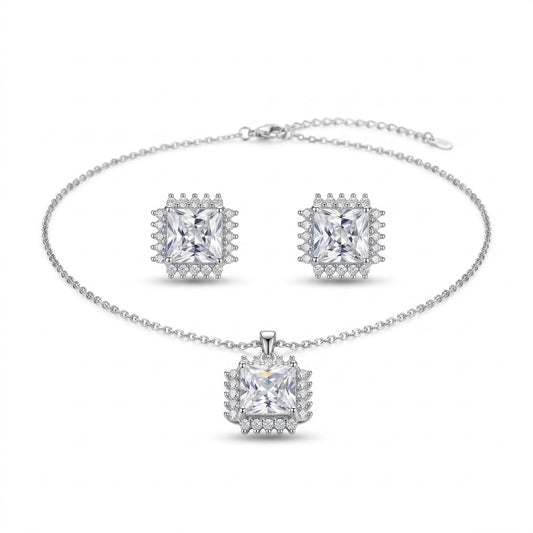 Square-Cut Cubic Zirconia Pendant Necklace & Stud Earrings Set - white background