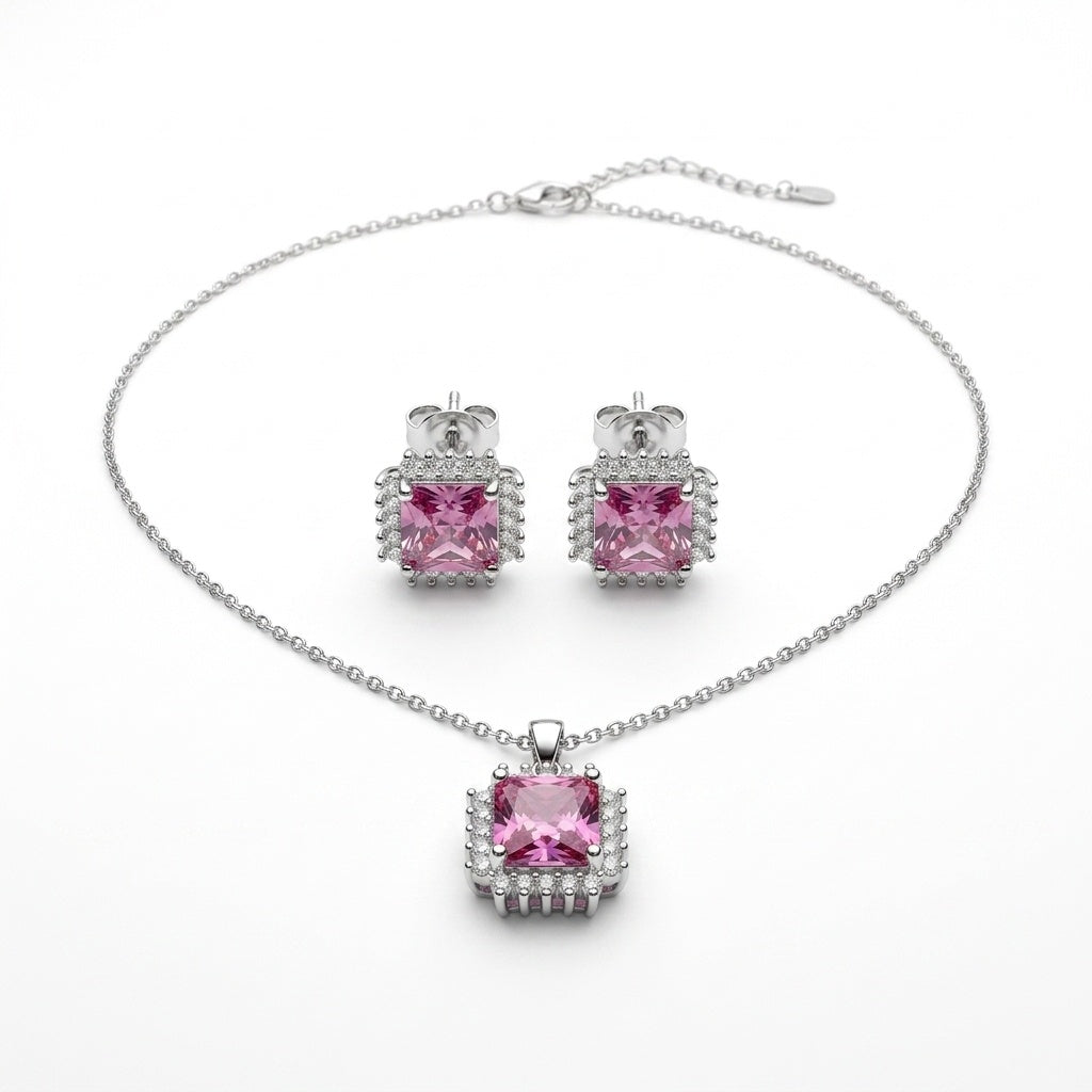 Purple Square-Cut Pendant Necklace & Stud Earrings Set - white background