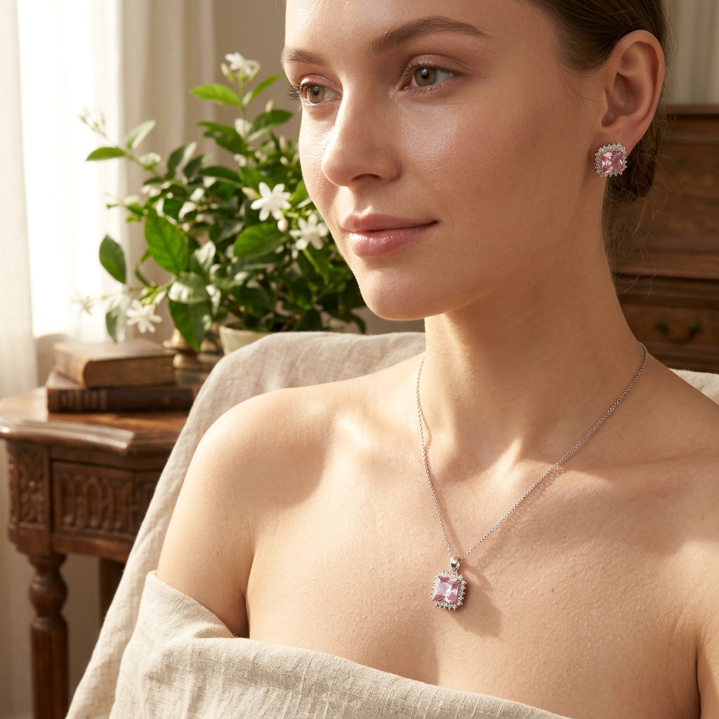 Pink Square-Cut Pendant Necklace & Stud Earrings Set - model scene v2