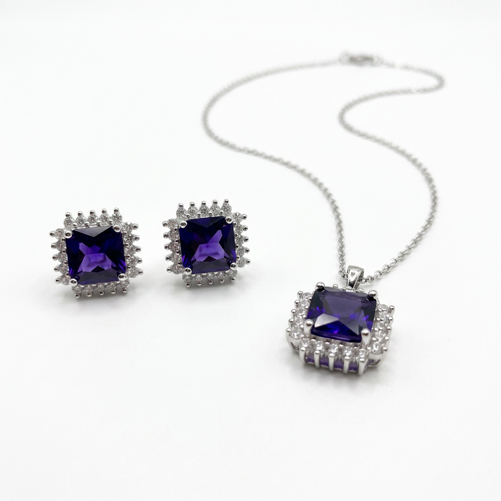 Purple Starburst Square-Cut Pendant Necklace & Earrings Set - white background