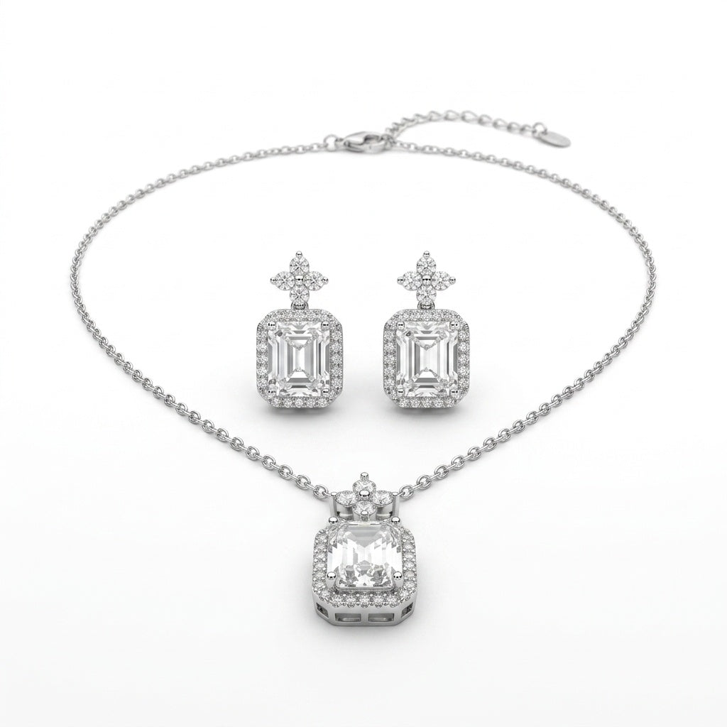 Cushion-Cut Flower Cluster Pendant Necklace & Earrings Set - white background