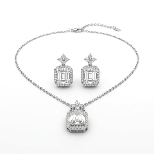 Cushion-Cut Flower Cluster Pendant Necklace & Earrings Set - white background