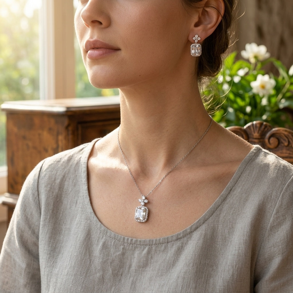 Cushion-Cut Flower Cluster Pendant Necklace & Earrings Set - model scene