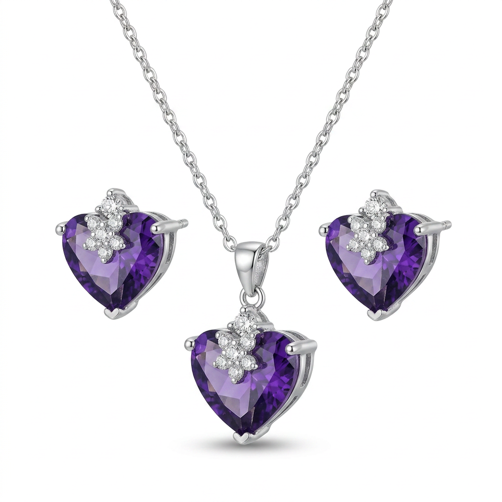 Heart-Shaped Purple Gemstone Flower Pendant & Earrings Set - white background