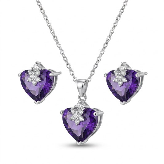 Heart-Shaped Purple Gemstone Flower Pendant & Earrings Set - white background