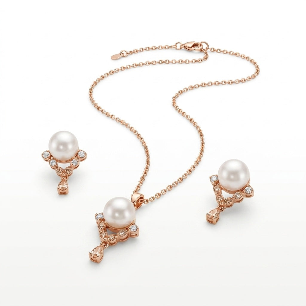 Pearl & Gold Teardrop Pendant Necklace & Earrings Set - white background