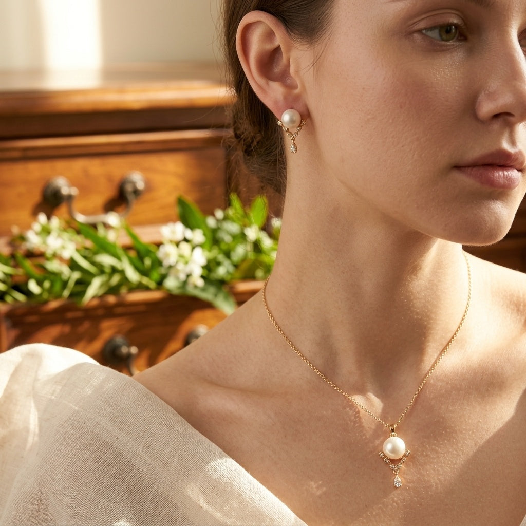 Pearl & Gold Teardrop Pendant Necklace & Earrings Set - model scene