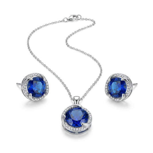 Blue Oval Sapphire Halo Pendant & Stud Earrings Set - white background