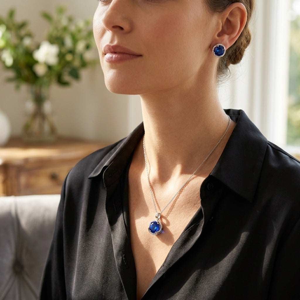 Blue Oval Sapphire Halo Pendant & Stud Earrings Set - model scene
