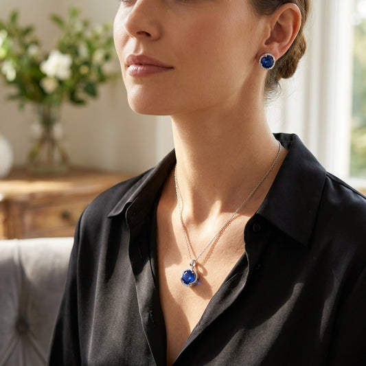 Blue Oval Sapphire Halo Pendant & Stud Earrings Set - model scene