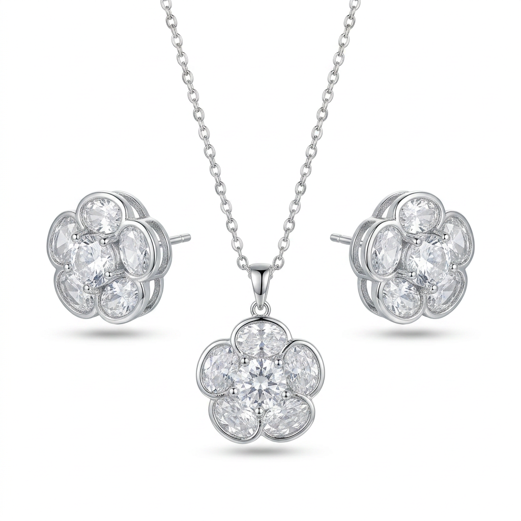 Clear Floral Five-Petal CZ Pendant & Earrings Set - white background