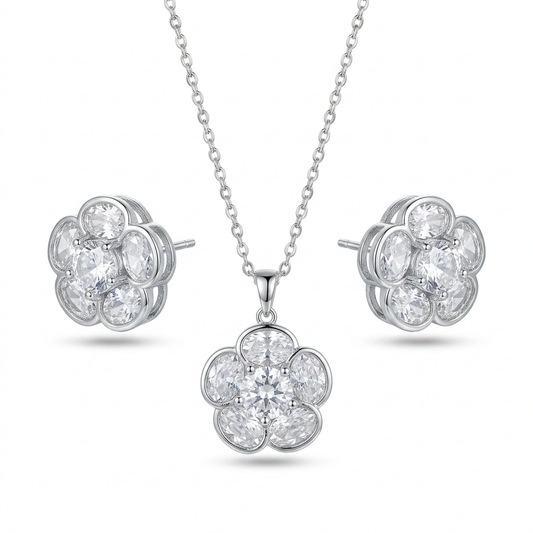 Clear Floral Five-Petal CZ Pendant & Earrings Set - white background
