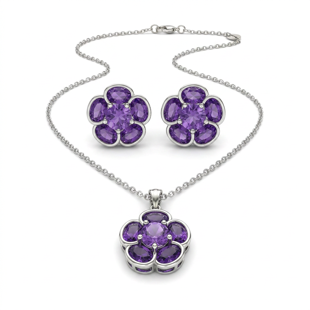 Pink Floral Five-Petal CZ Pendant & Earrings Set - white background
