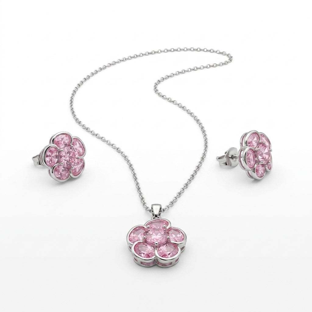 Purple Floral Five-Petal CZ Pendant & Earrings Set - white background
