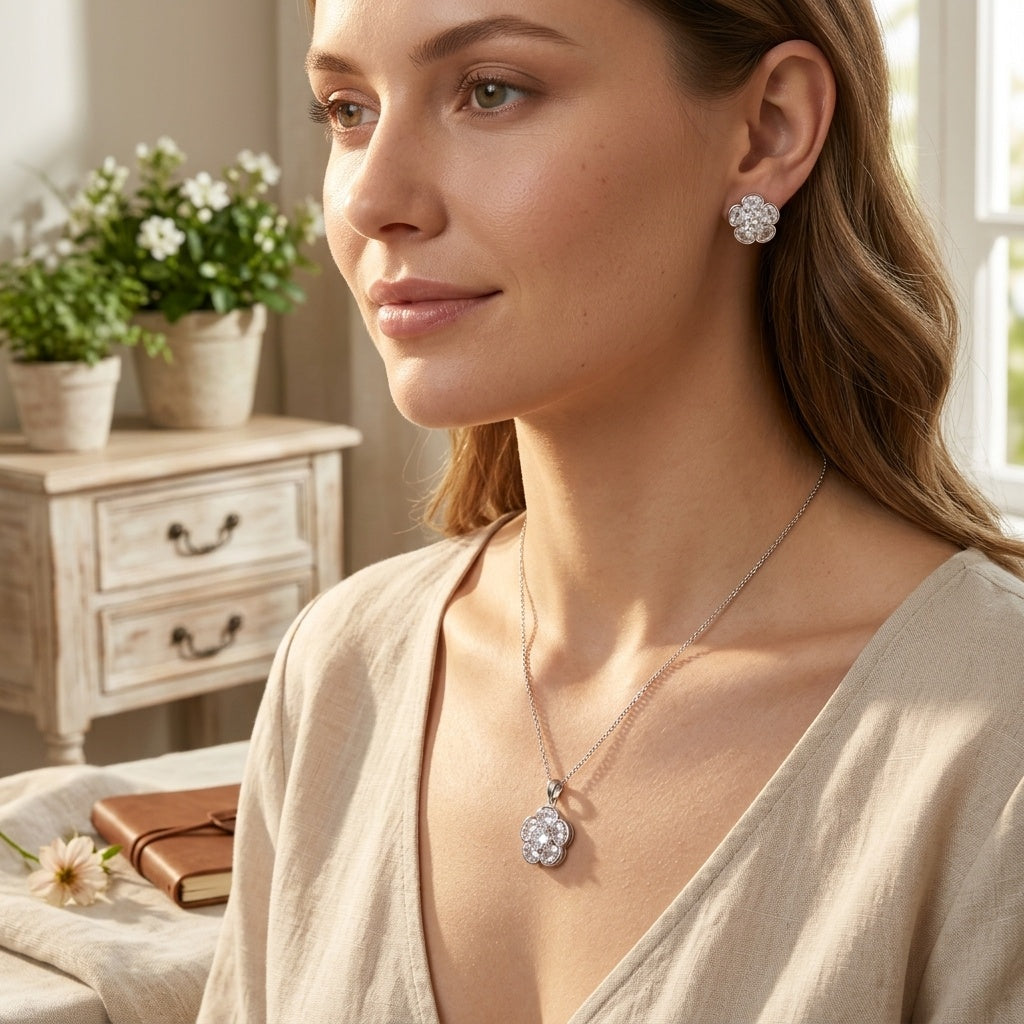 Clear Floral Five-Petal CZ Pendant & Earrings Set - model scene