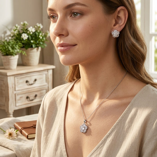 Clear Floral Five-Petal CZ Pendant & Earrings Set - model scene