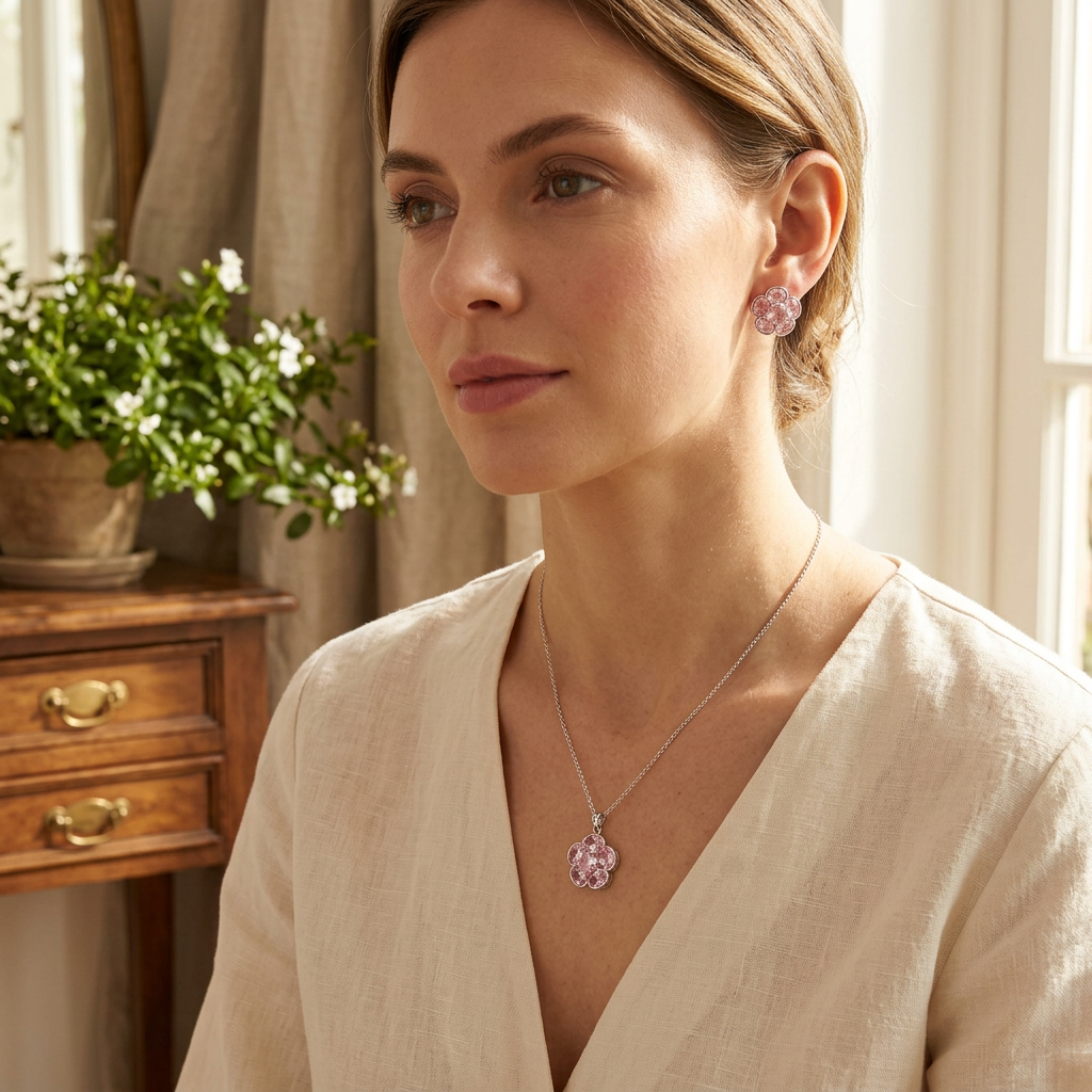 Purple Floral Five-Petal CZ Pendant & Earrings Set - model scene