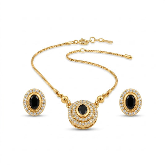 Black Onyx & Gold Oval Pendant & Earrings Set - white background