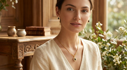 Black Onyx & Gold Oval Pendant & Earrings Set - model scene