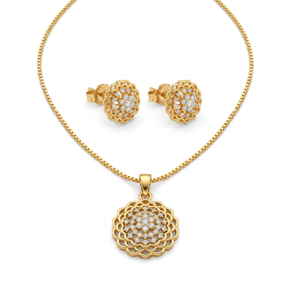 Gold Floral Lace Pendant & Earrings Set - white background