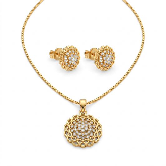 Gold Floral Lace Pendant & Earrings Set - white background