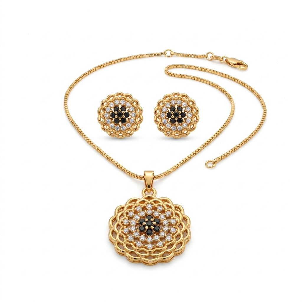 Silver Floral Lace Pendant & Earrings Set - white background