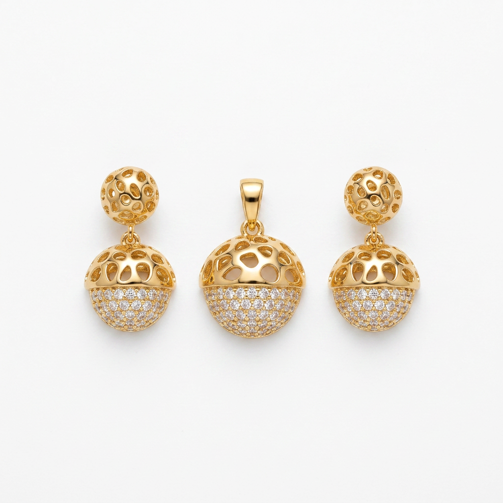 Gold Sphere Filigree Pendant Earring Set