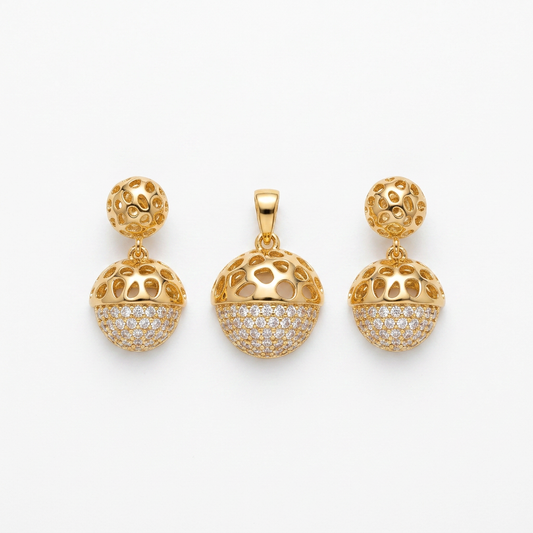 Gold Sphere Filigree Pendant Earring Set