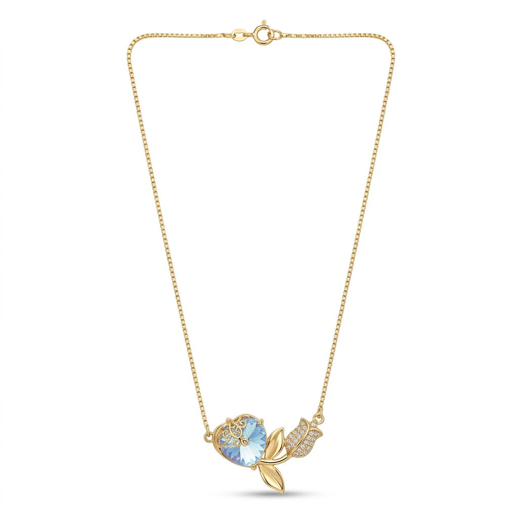 Gold Blue Crystal Rose Necklace