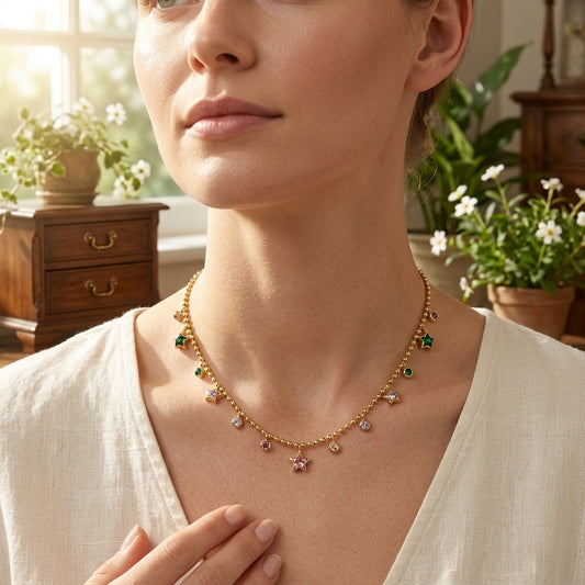 Model wearing Gold Beaded Necklace