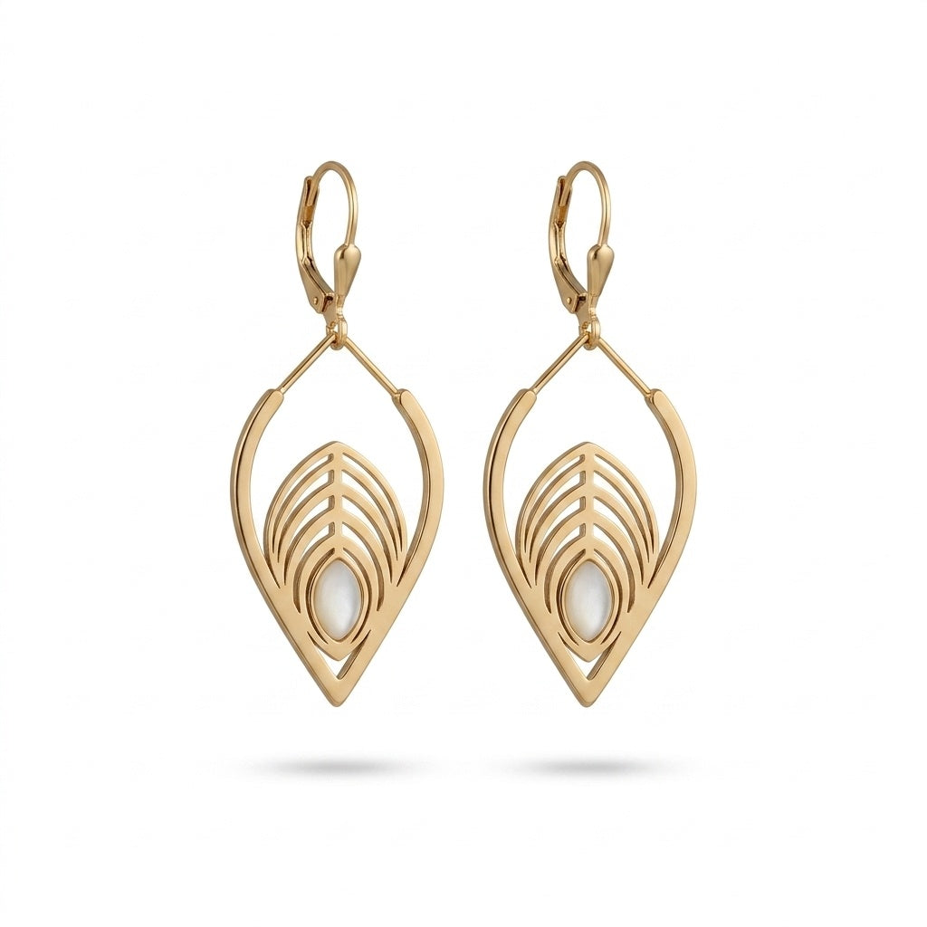 Gold Teardrop Drop Earrings with White Oval Inlay on white background