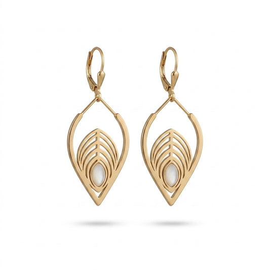 Gold Teardrop Drop Earrings with White Oval Inlay on white background