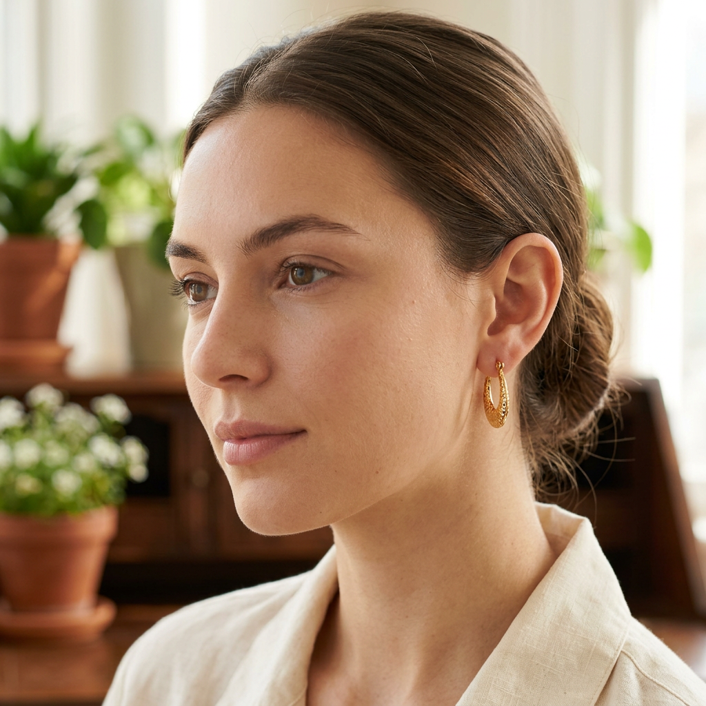 Model wearing Hammered Gold Hoop Earrings