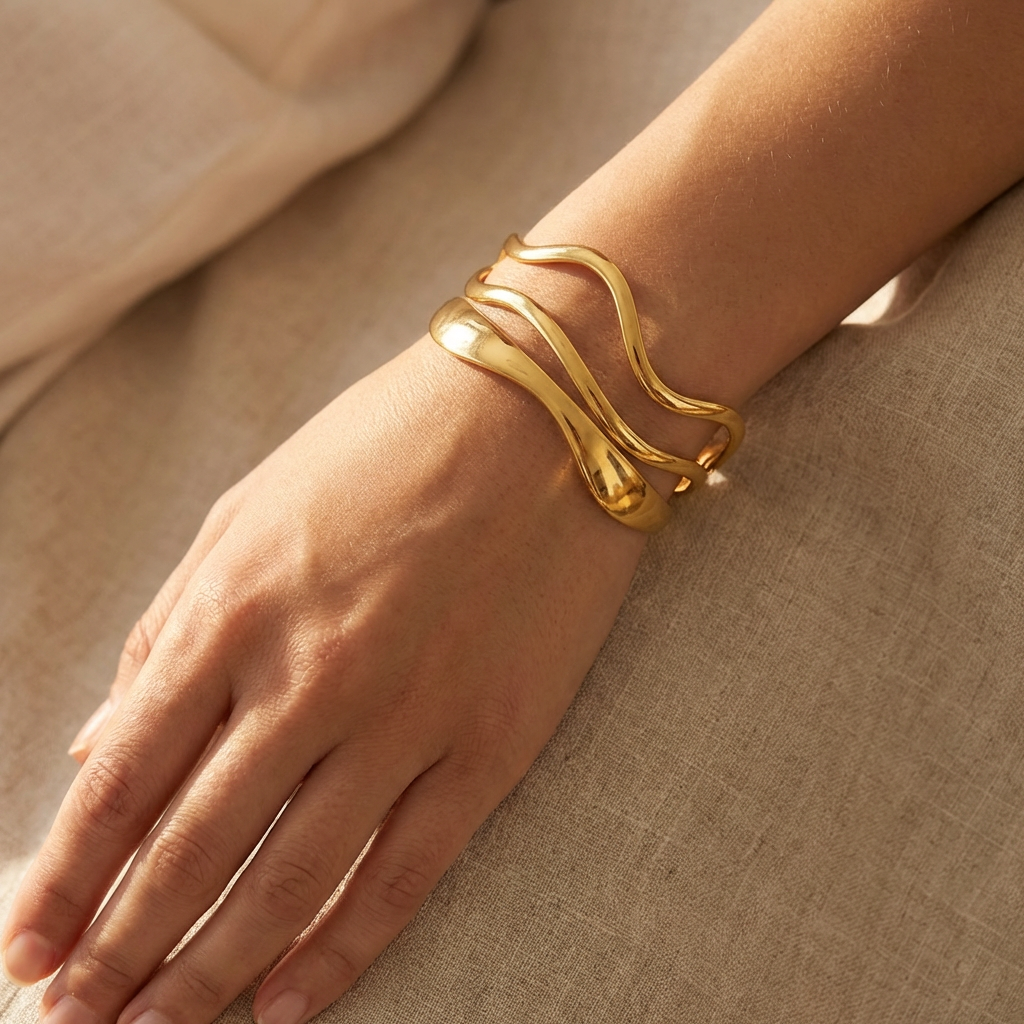 Gold-Plated Triple Wave Cuff Bracelet - Model Shot