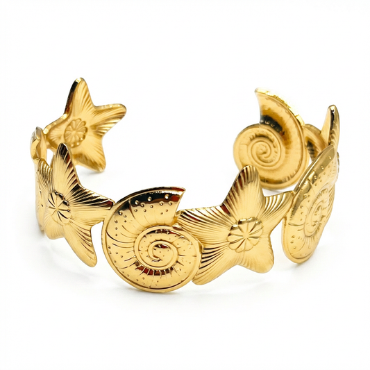 Celestial Star & Swirl Cuff Bracelet - gold-plated on white background