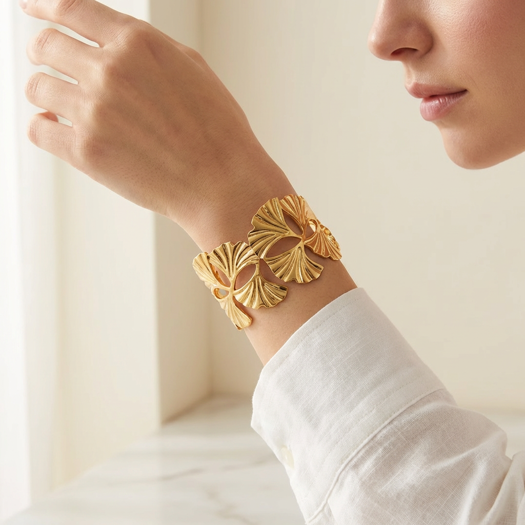 Gold-Plated Ginkgo Leaf Cuff Bracelet - model lifestyle shot