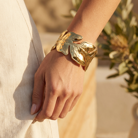 Gold Botanical Leaf Cuff Bracelet - model lifestyle shot