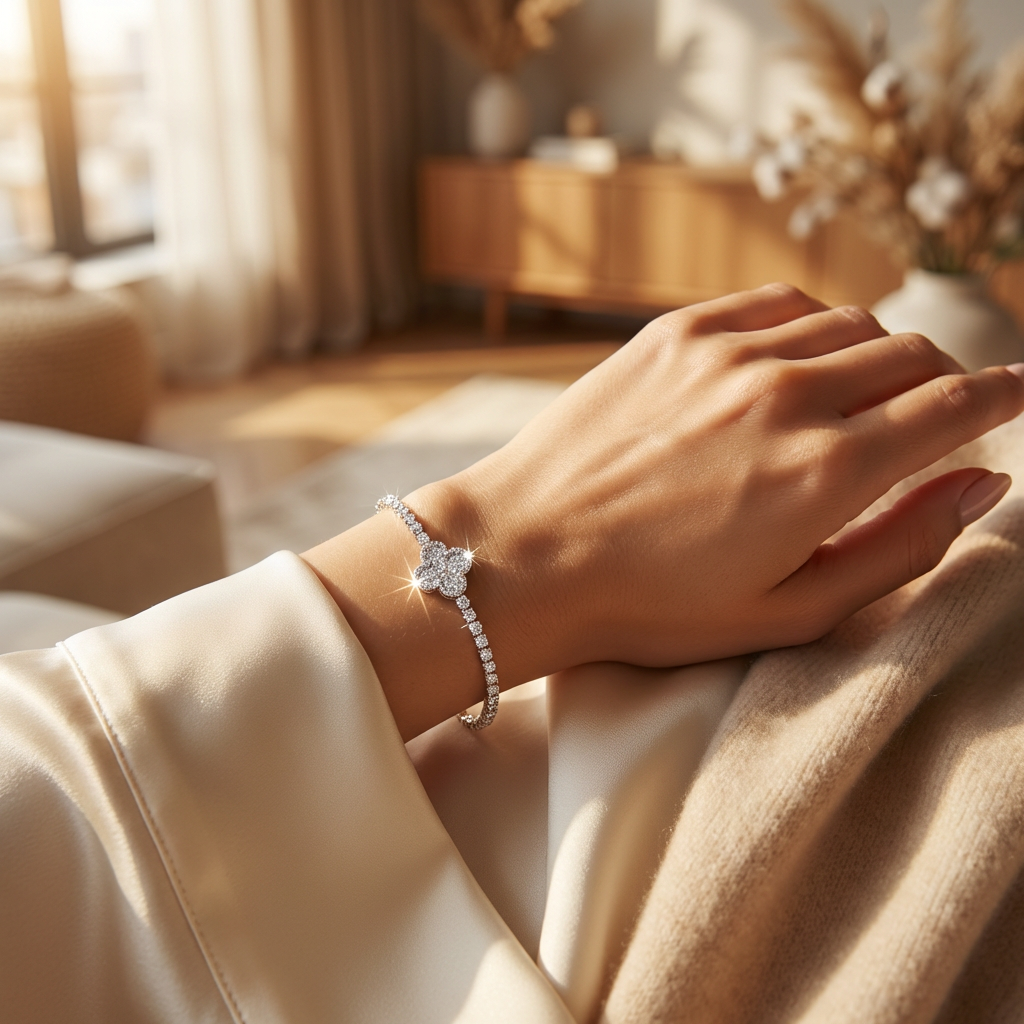 Silver Crystal Clover Tennis Bracelet - model lifestyle shot