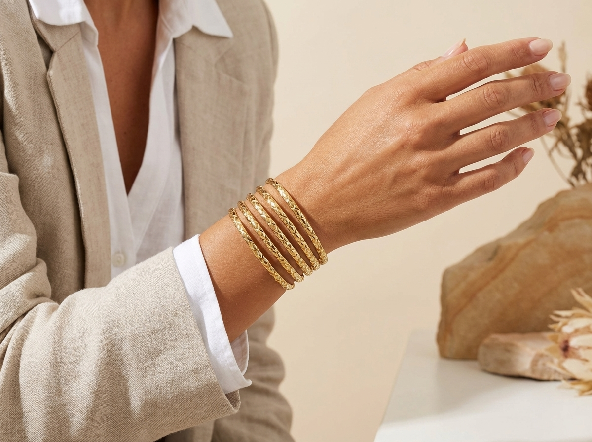 Five-Band Diamond-Cut Cuff Bracelet - Model wearing gold-plated multi-band cuff
