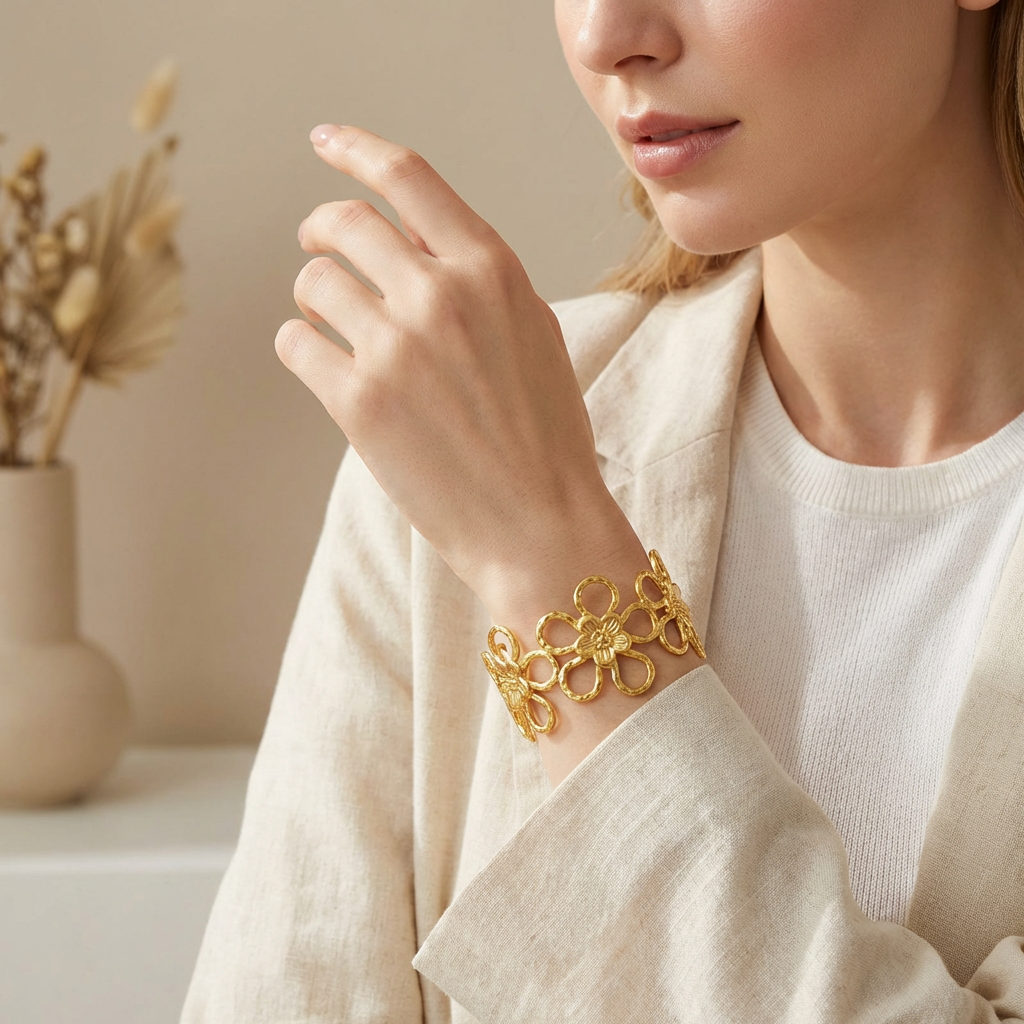 Gold-Plated Daisy Bloom Cuff Bracelet - model lifestyle shot