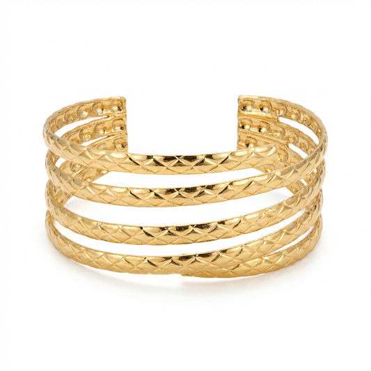 Five-Band Diamond-Cut Cuff Bracelet - Gold-plated stainless steel cuff on white background