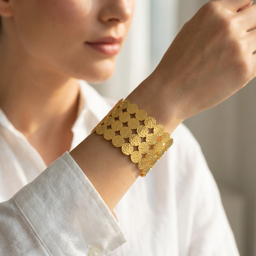 Gold Coin Disc Lattice Cuff Bracelet - model lifestyle shot