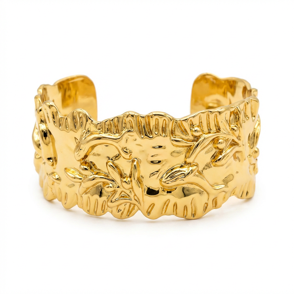 Gold-Plated Lion & Leaf Cuff Bracelet - Product Shot